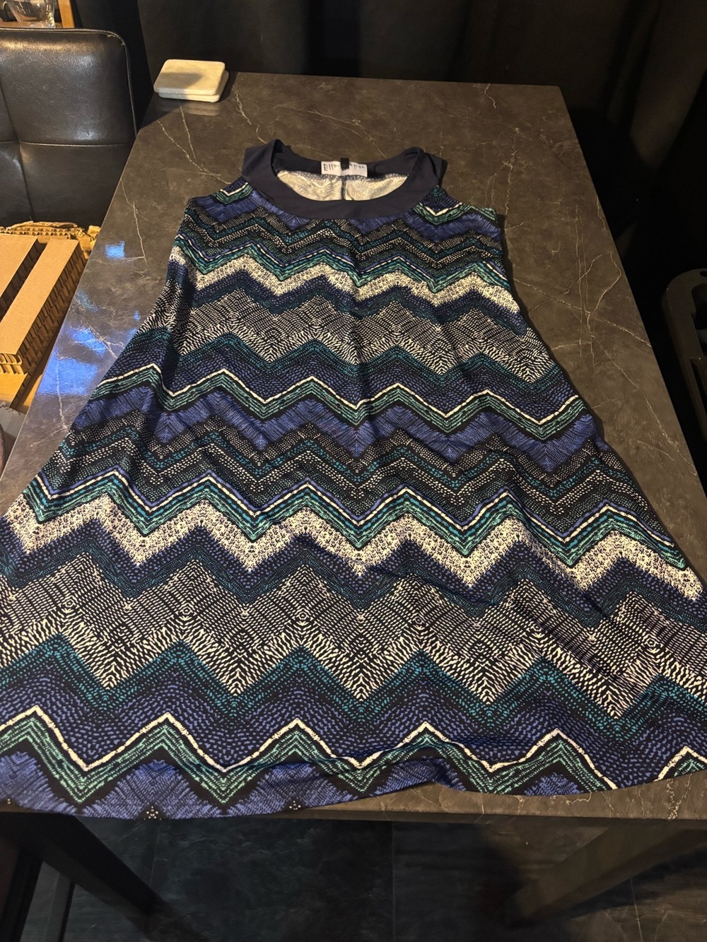 Sleeveless Chevron A-Line Dress in Navy and Teal